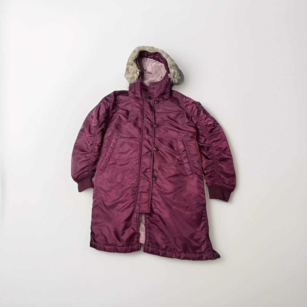 Abercrombie & Fitch Womens Long Parka Jacket Small Burgundy Faux Fur Hood Lined